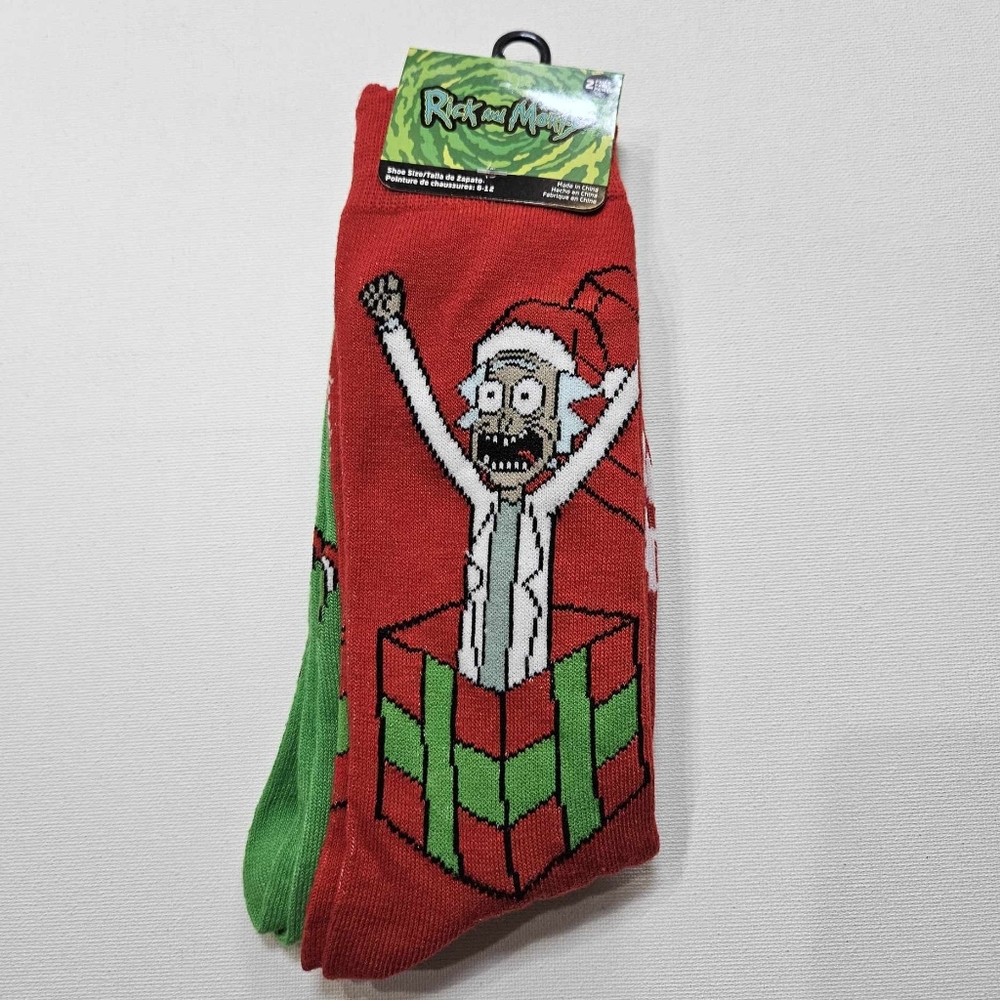 Rick And Morty Christmas Socks 2 Pair Red‎  And Green Fits Shoe Size 6-12